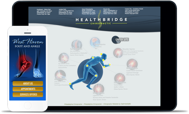 screenshot of two chiropractic websites on an iphone and an ipad showing skeleton