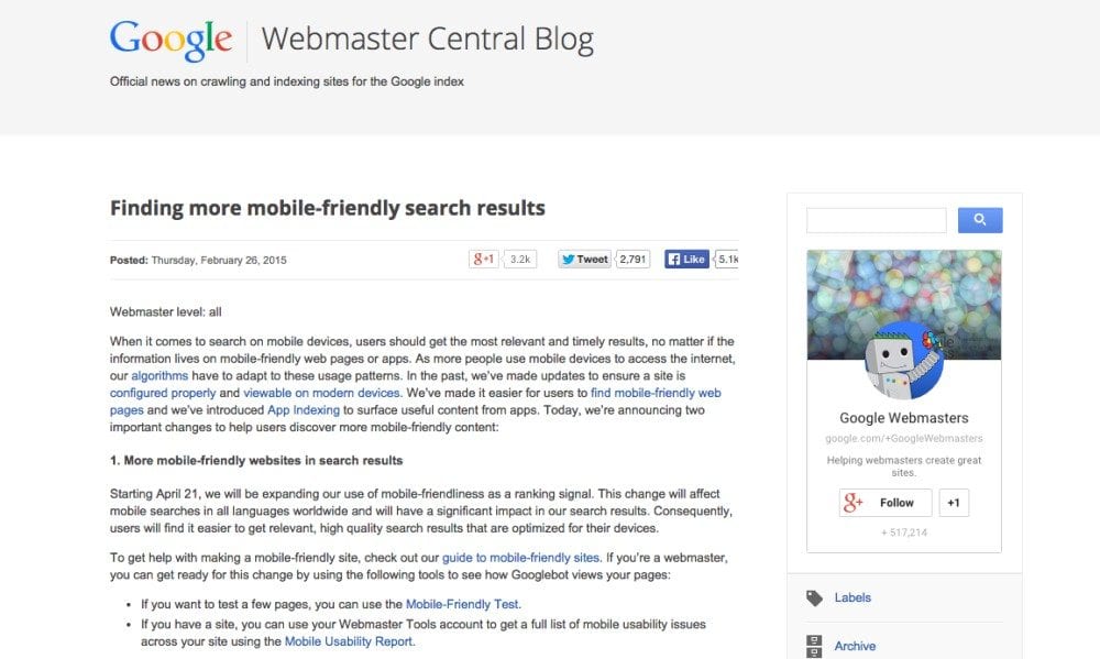 Screenshot of Google mobile website announcement