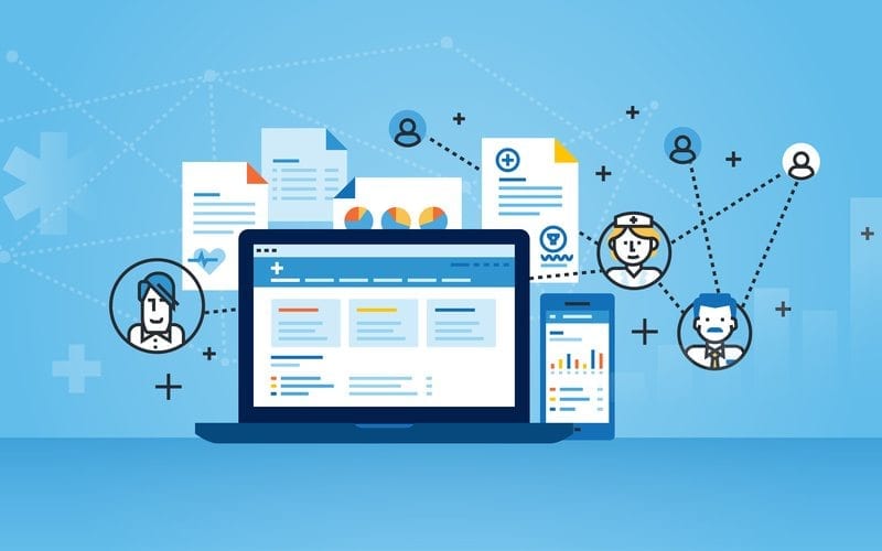 Laptop computer surrounded by various Illustrated icons related to Dental Marketing