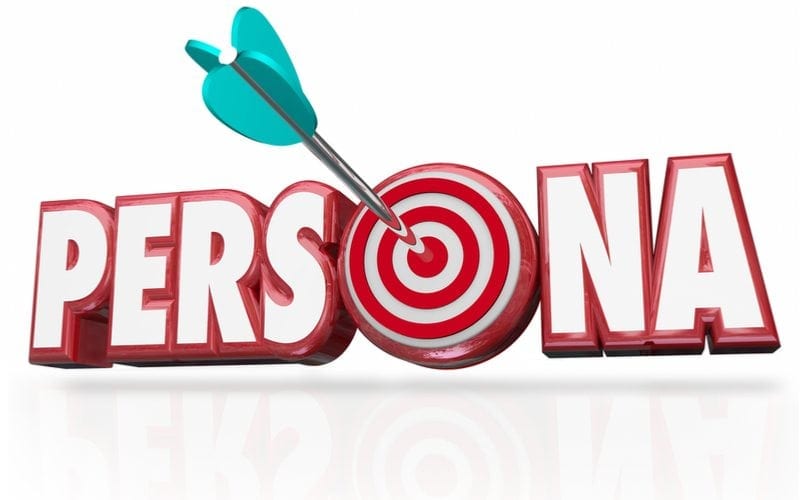 Persona word in red 3d letters and arrow in bullseye to illustrate buyer or customer psychology profile or characteristics