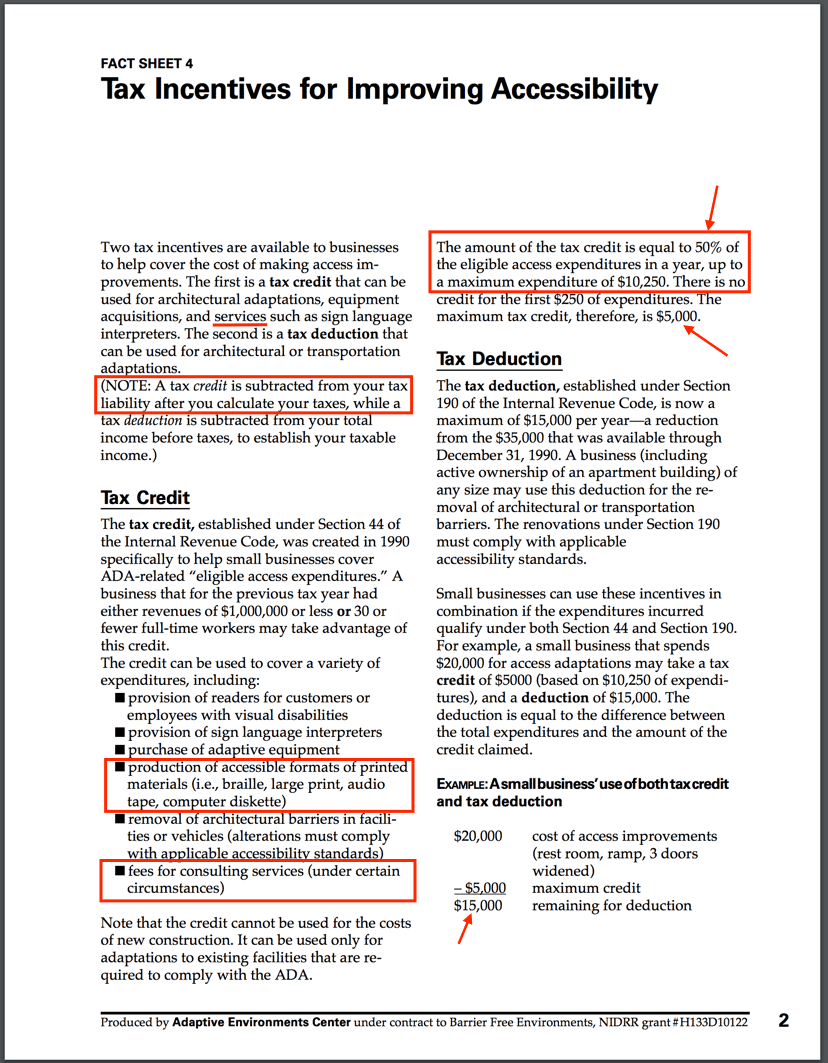 Screenshot of an article that explains how you can claim a tax credit for 50% of your new website cost if you do it to become ADA compliant.