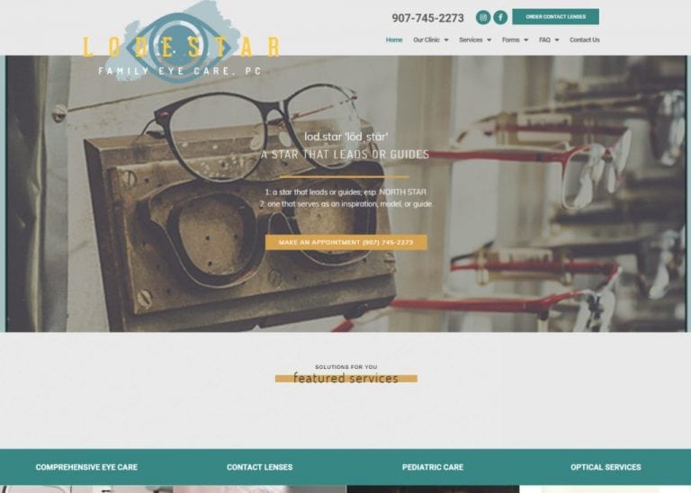 Lodestareye.com - Screenshot showing homepage of Lodestar Family Eye Care website