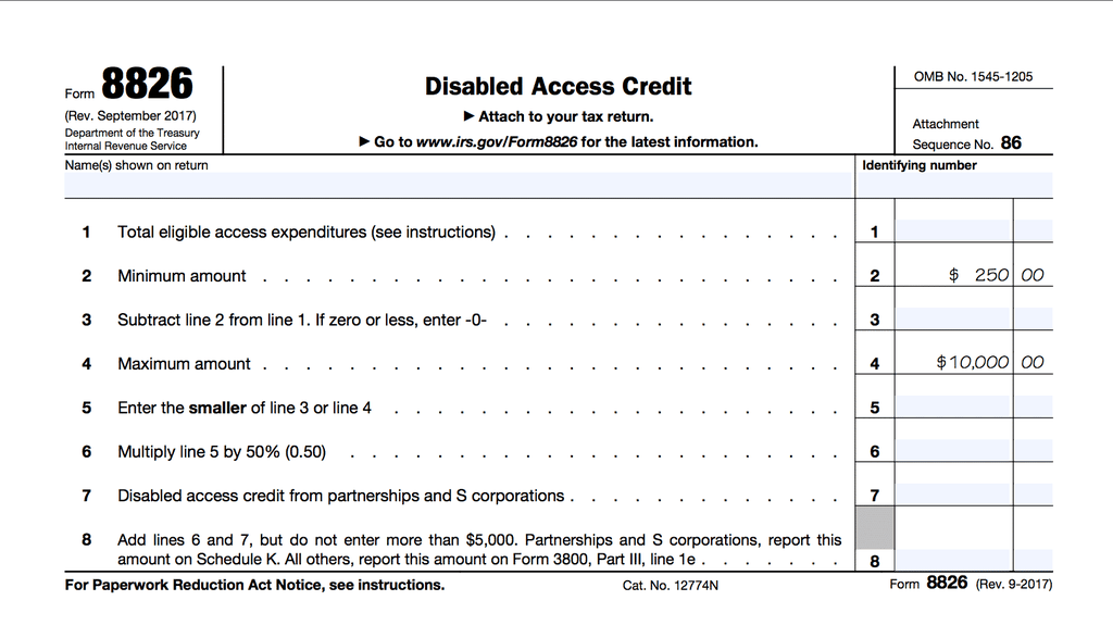 Screenshot of IRS form f8826 - tax credit for ADA compliance upgrades