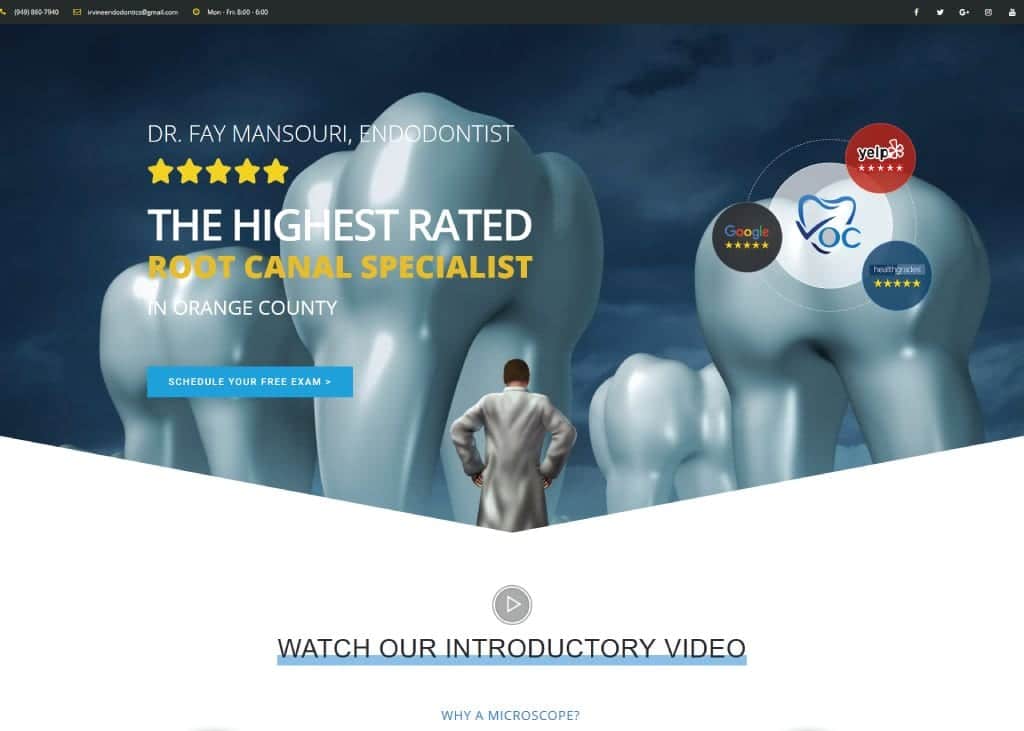 Screen capture of website irvineendodontist.com, dentist with back to screen looking up at large teeth