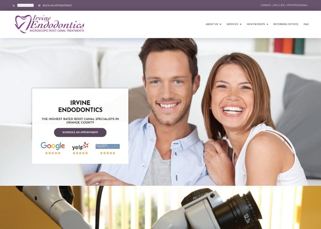Screen capture of irvineendontics.com, an attractive young couple with broad, bright smiles.