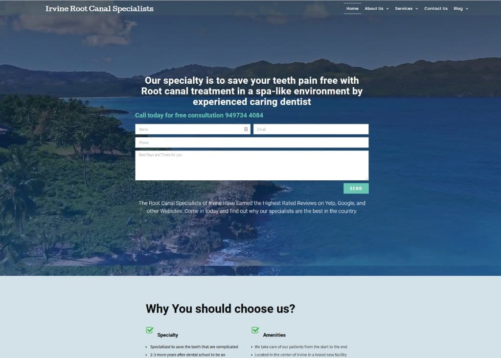 Screen capture of the website irvinerootcanalspecialist.com, ocean waves gently crashing against the shore.