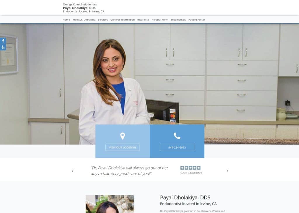 Screen capture of website orangecoastendo.com, Dr Dholakiya in her office smiling.