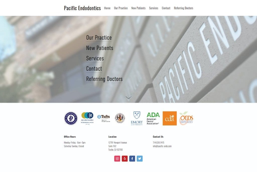 Screen capture of website pacific-endo.com, a close up of the business' name plate and menu options.
