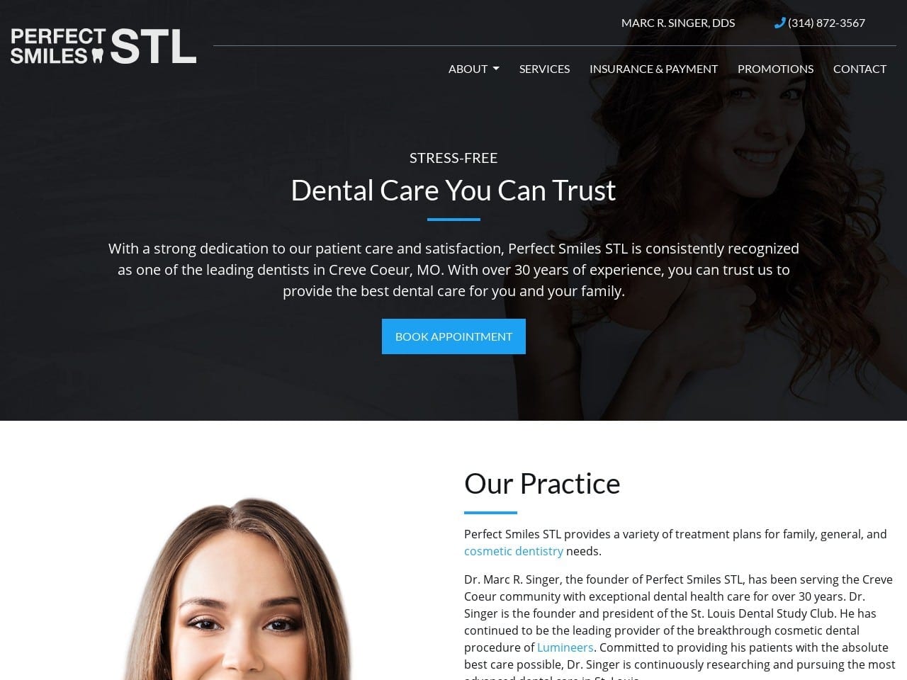 Perfect Smiles Dental Website Screenshot from url marcsingerdds.com
