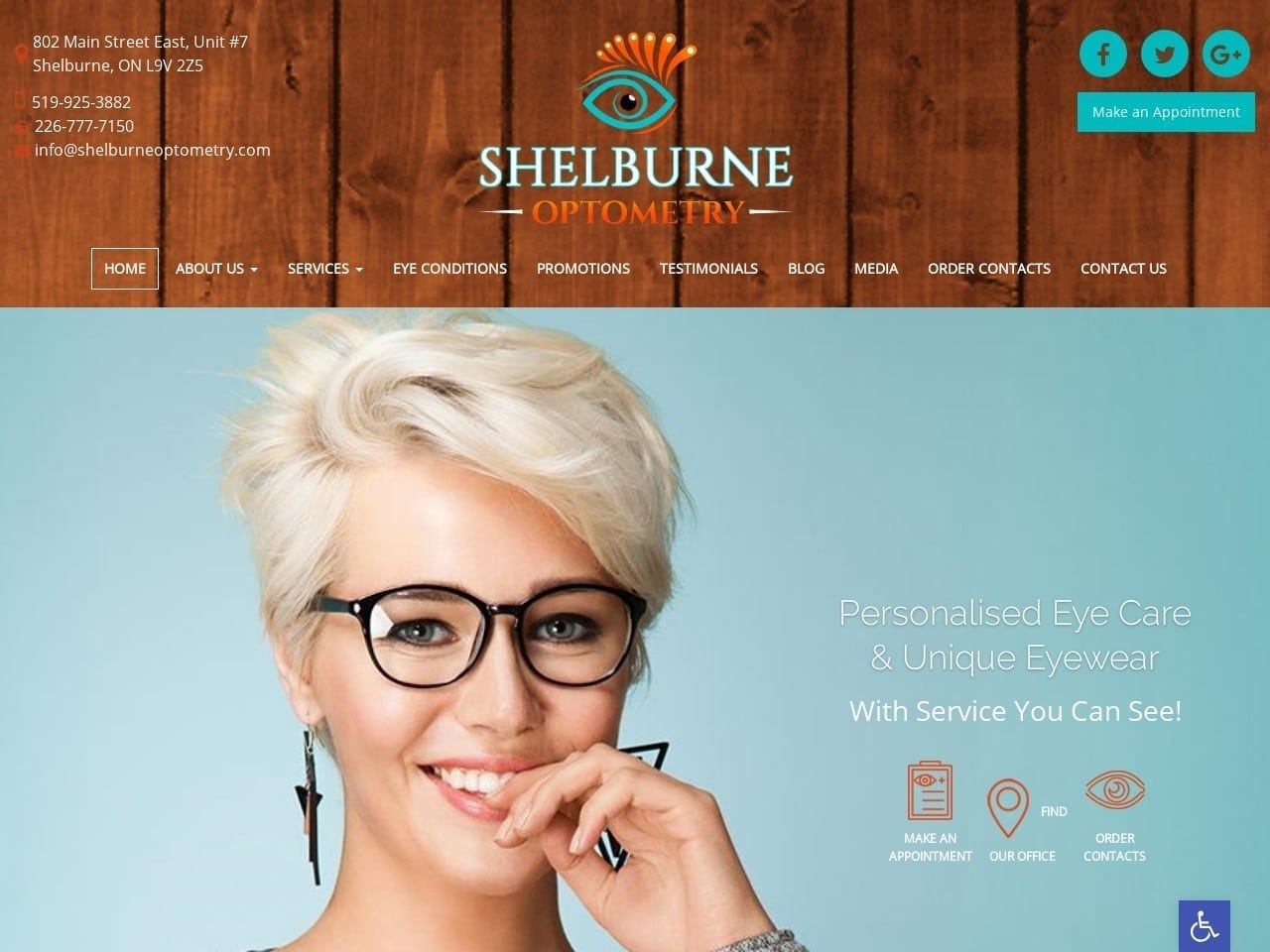 Shelbourne Optometry Website Screenshot from url shelburneoptometry.com