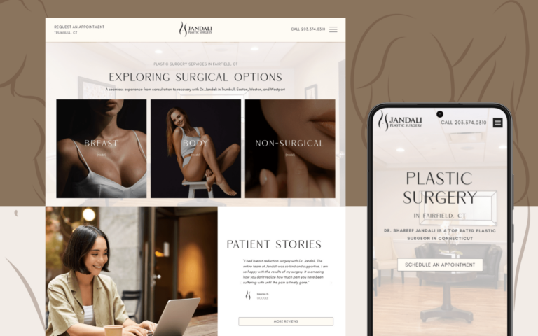 a phone and a screen showing a person using a laptop, website of plastic surgery