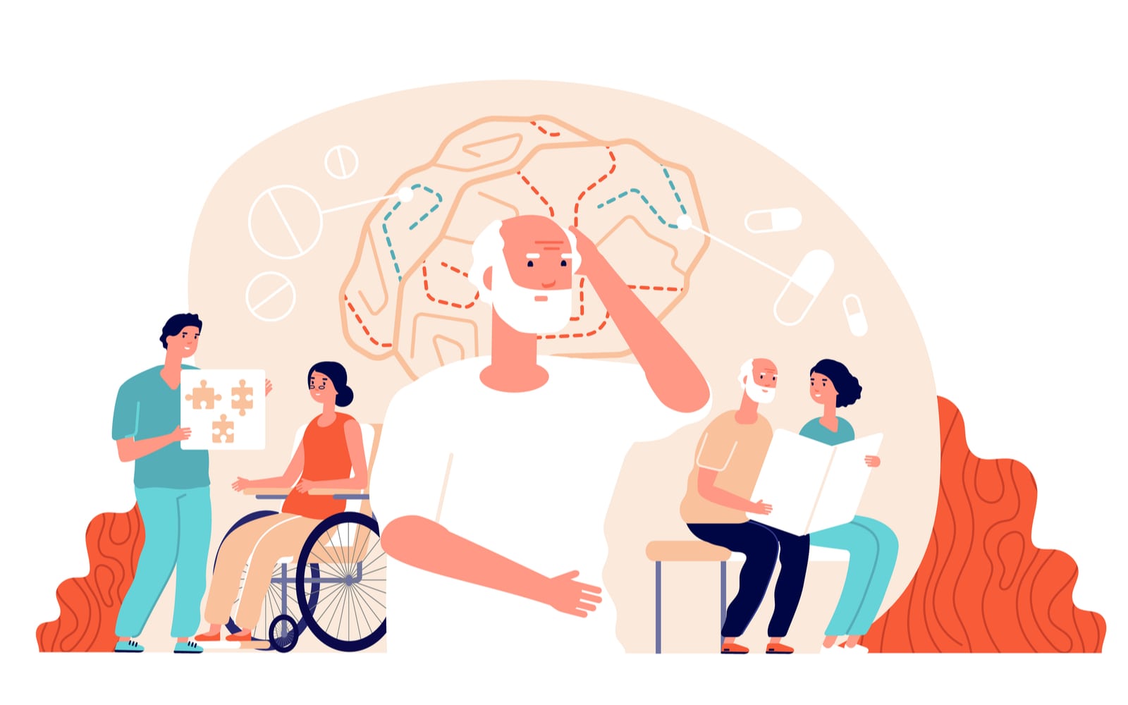 illustration of a few neurology patients practicing on memory loss