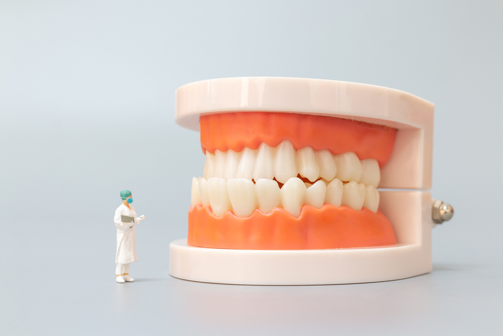 Miniature people : Dentist repairing human teeth with gums and enamel , Health and medical concept