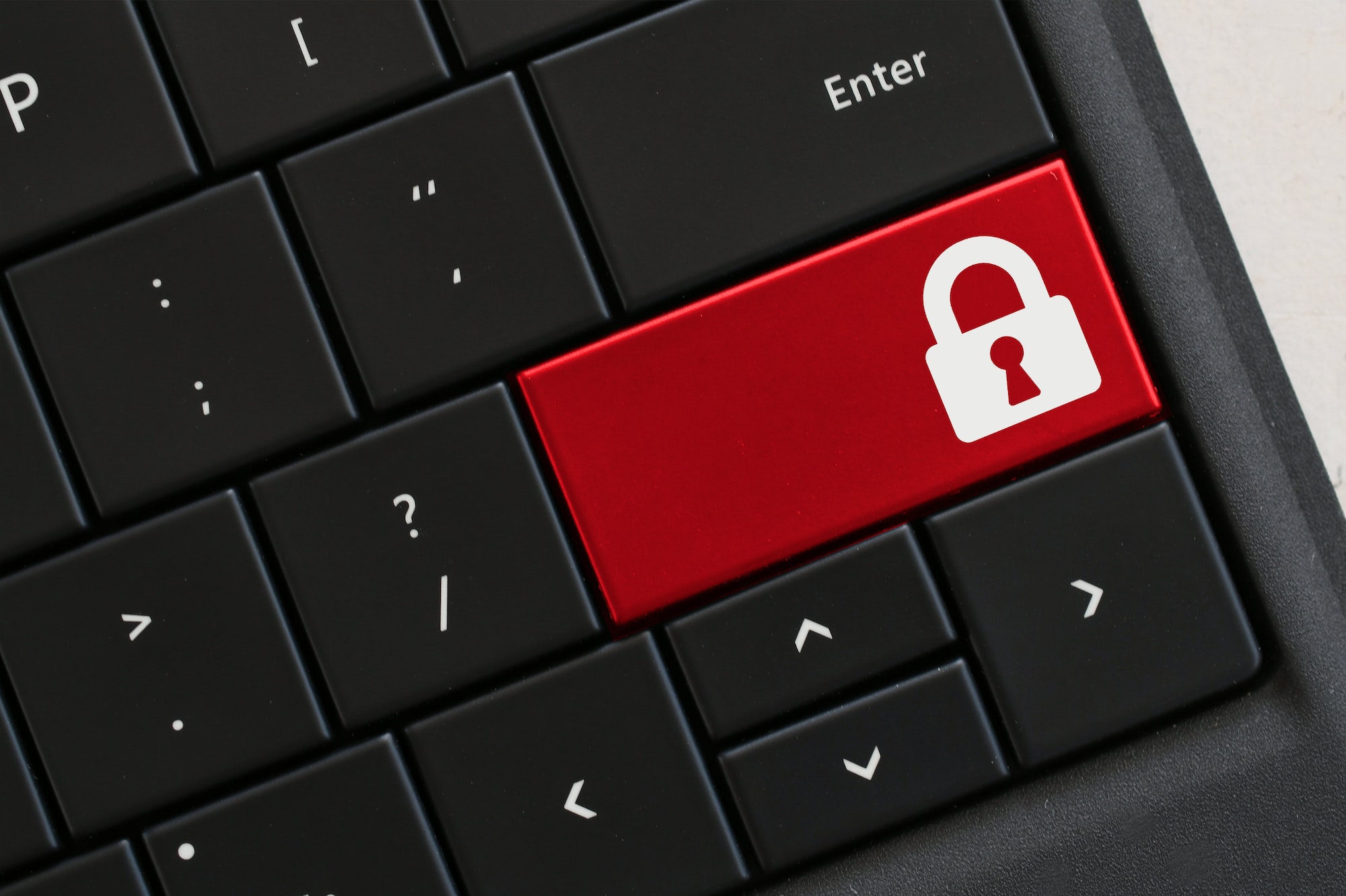 Concept Computer Keyboard red key with lock icon, security password protected locked immutable data