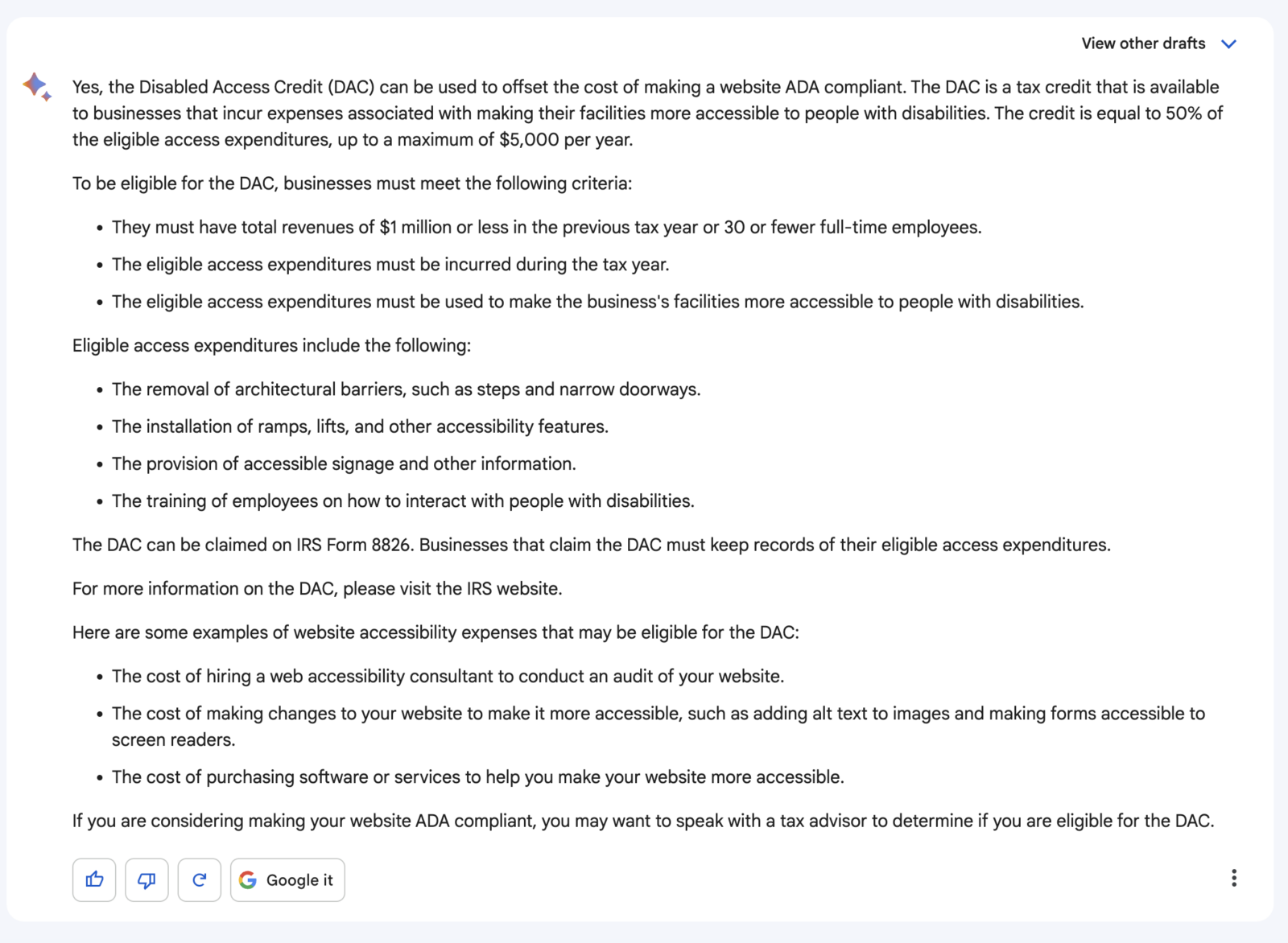 screenshot of Bard answering a tax question.