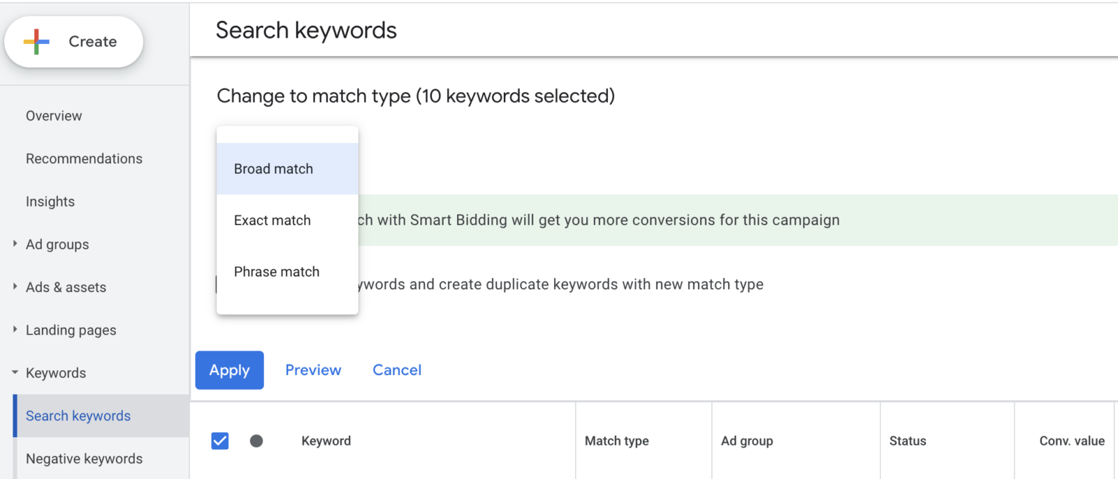 screenshot of keyword match types in google ads