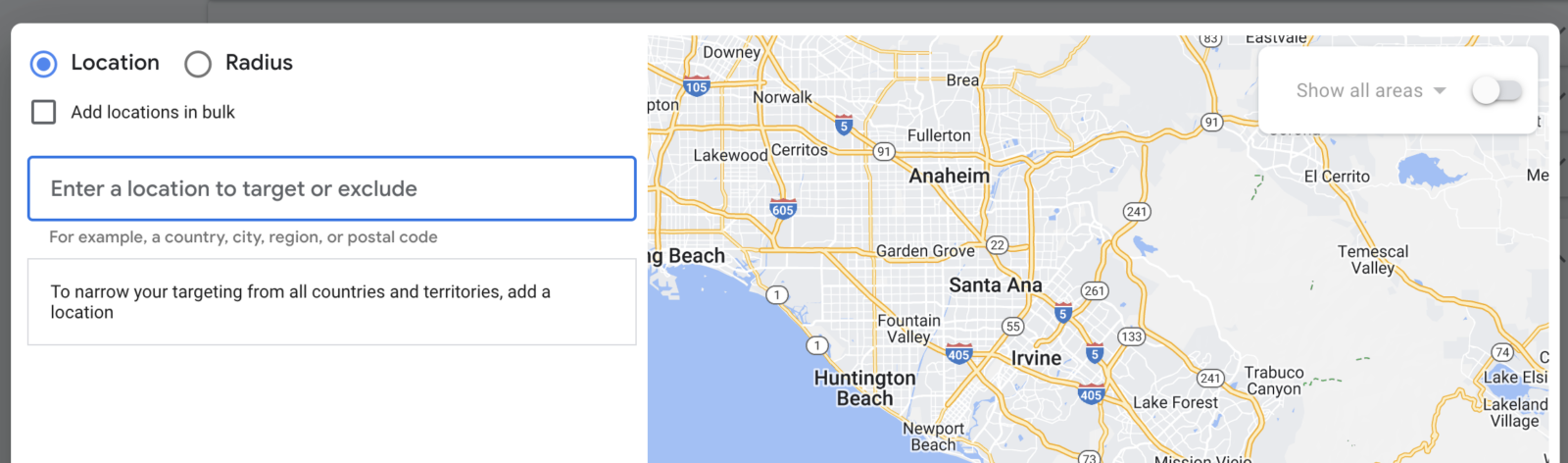 screenshot of geo targetting setting page on google ads