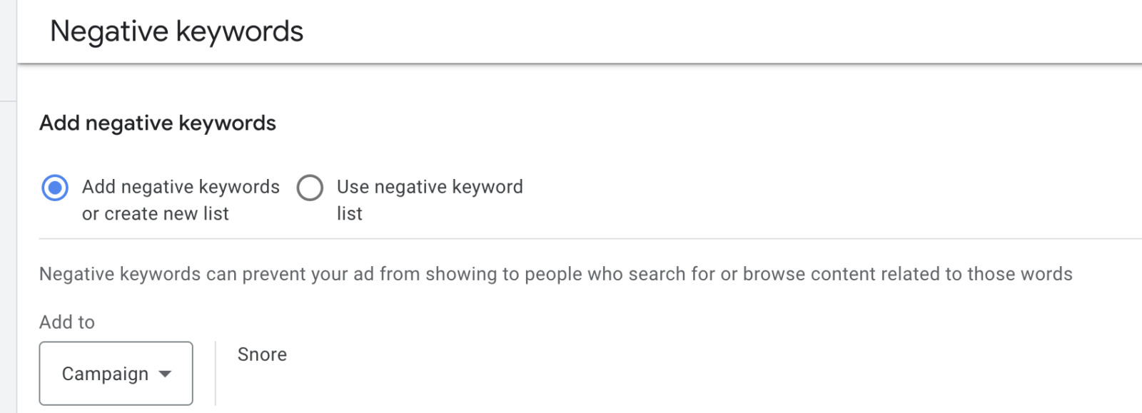 screenshot of negative keywords add button in google ads