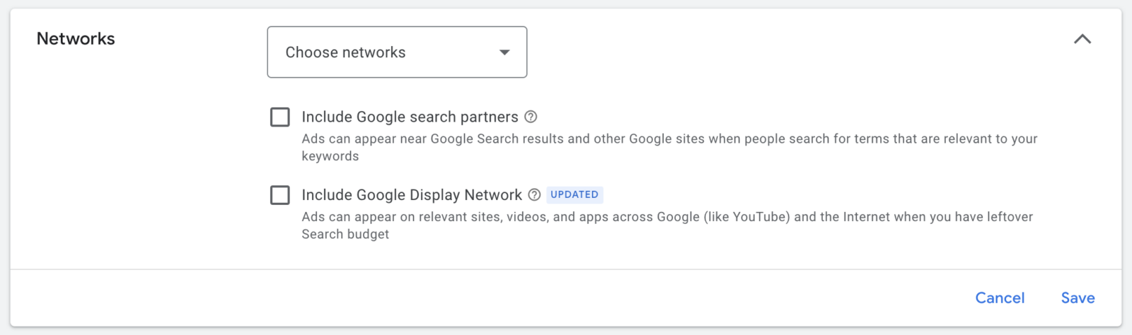 screenshot of network options in google ads