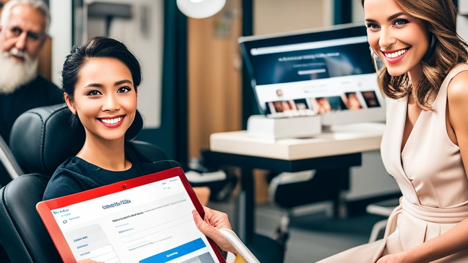 staff in a dental office with a blog written in the background on the computer