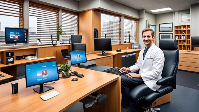 dentist in an office with multiple computer and social media icons on screens